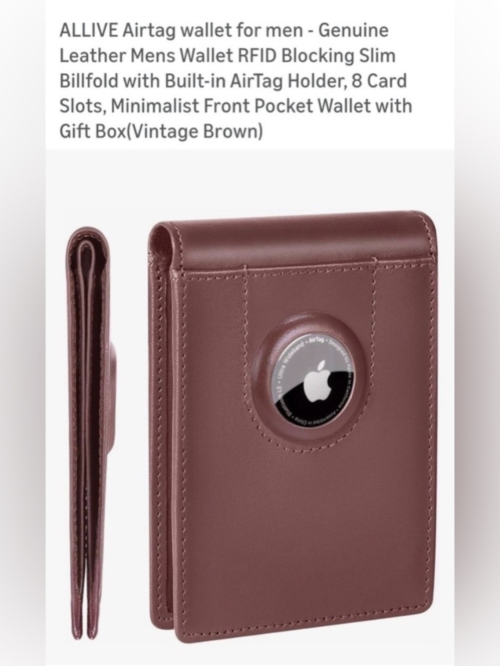 ALLIVE Men’s AirTag Wallet - Genuine Leather, Vintage Brown.